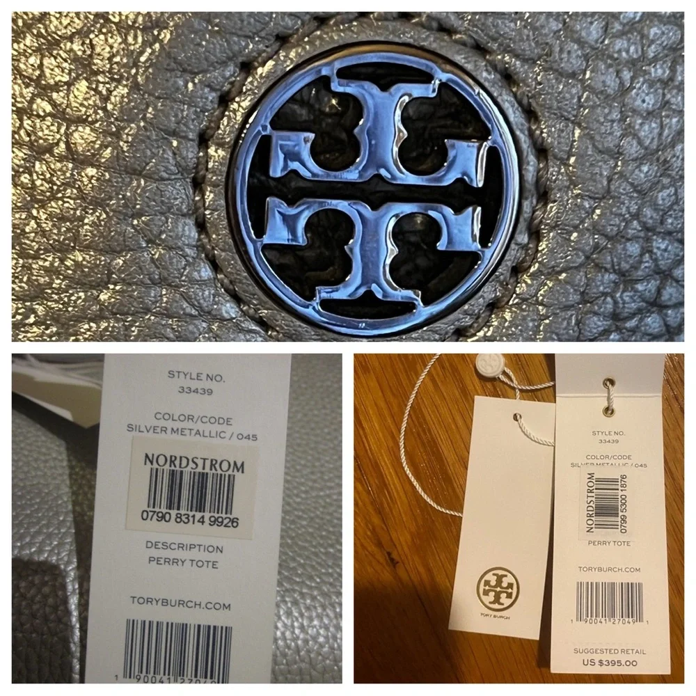 Tory Burch Perry Metallic Gray Leather Large Silver Tote Bag